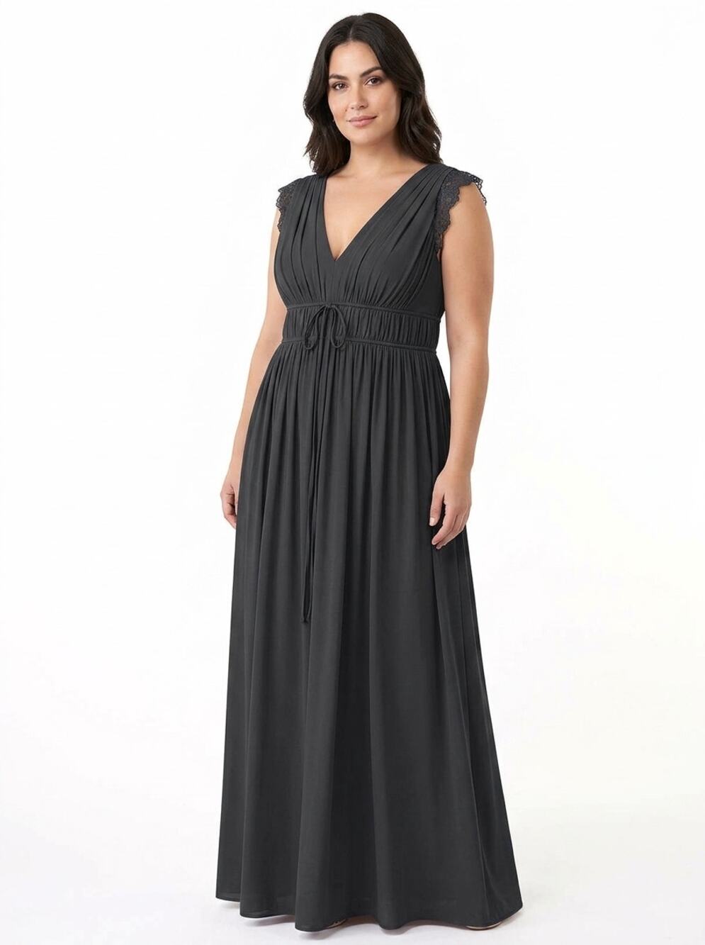 Azazie Atelier Gray Ruffle V-Neck Lined Maxi Dress Women Size C